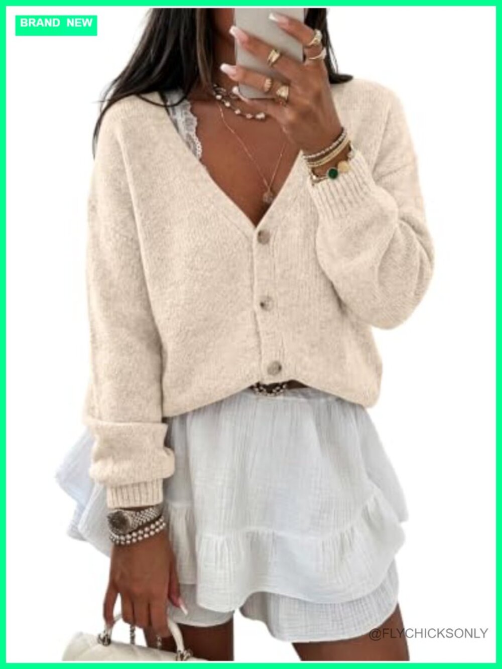Oversized V-Neck Button Cardigan Women 97% Polyester 3% Spandex Knit